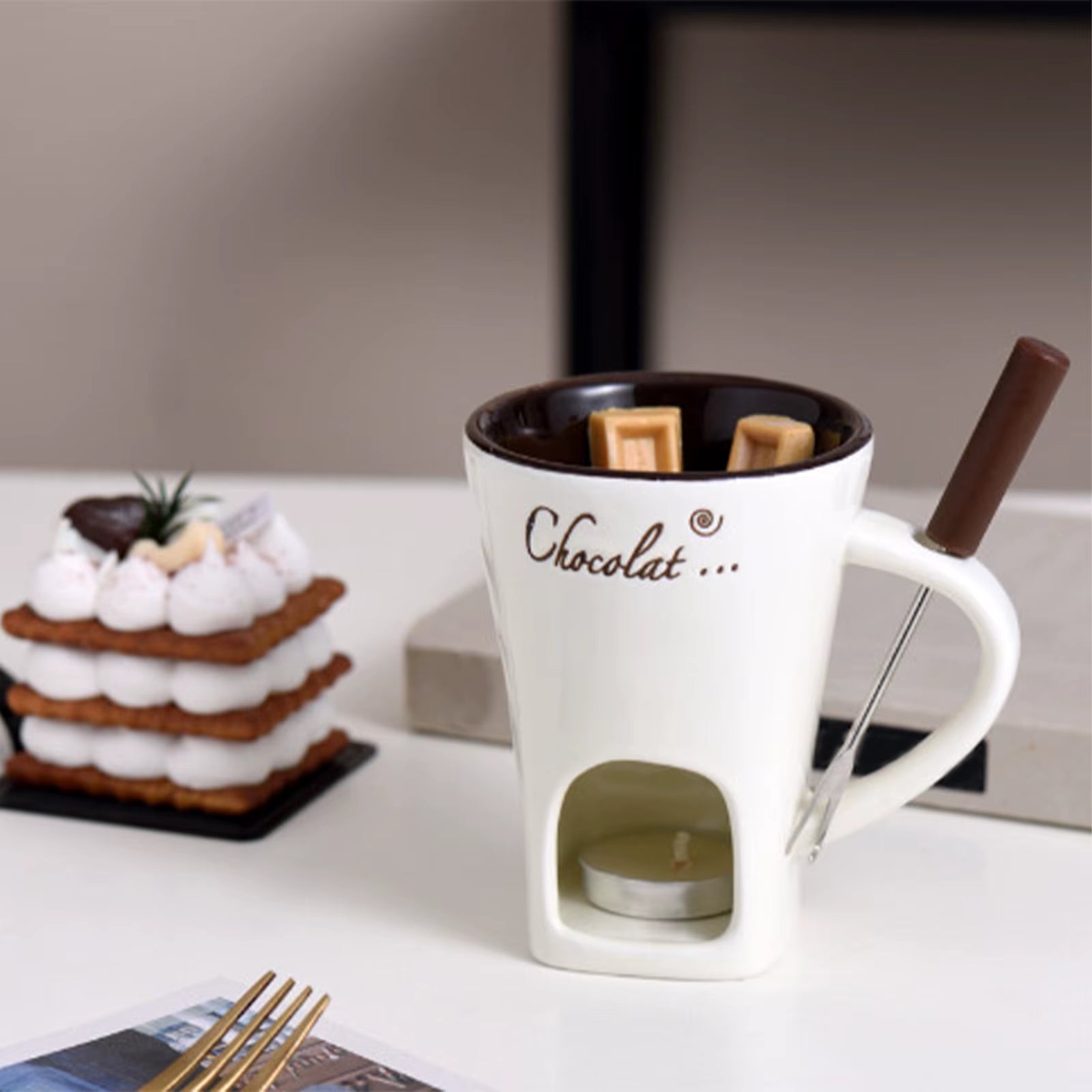 130Ml Ceramic Fondue Mug Chocolate Fondue Pot Cheese Butter Warmer Hot Pot Chocolate Cheese Melt Pot Kitchen Tool